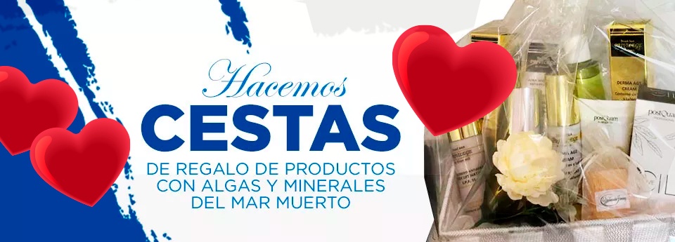 San Valentin. Hacemos cestas regalo personalizadas con productos de estetica profesional con Algas y Sales del Mar Muerto